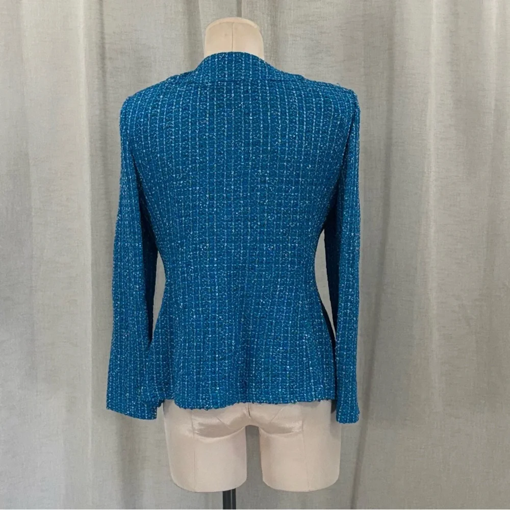 ST. JOHN Knits Boucle Tweed Blazer Wool Blend Stretch Blue White Jacket Size 10 - Picture 4 of 13